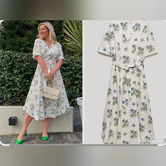 Zara Dresses & Skirts - Zara White Midi Dress with Tropical Motif Size S